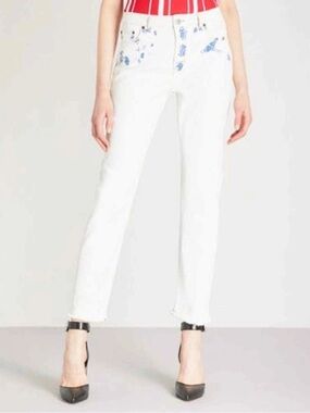 Maje Paoline Blanc Women's Distressed Printed High-Rise Straight Leg Jeans Size